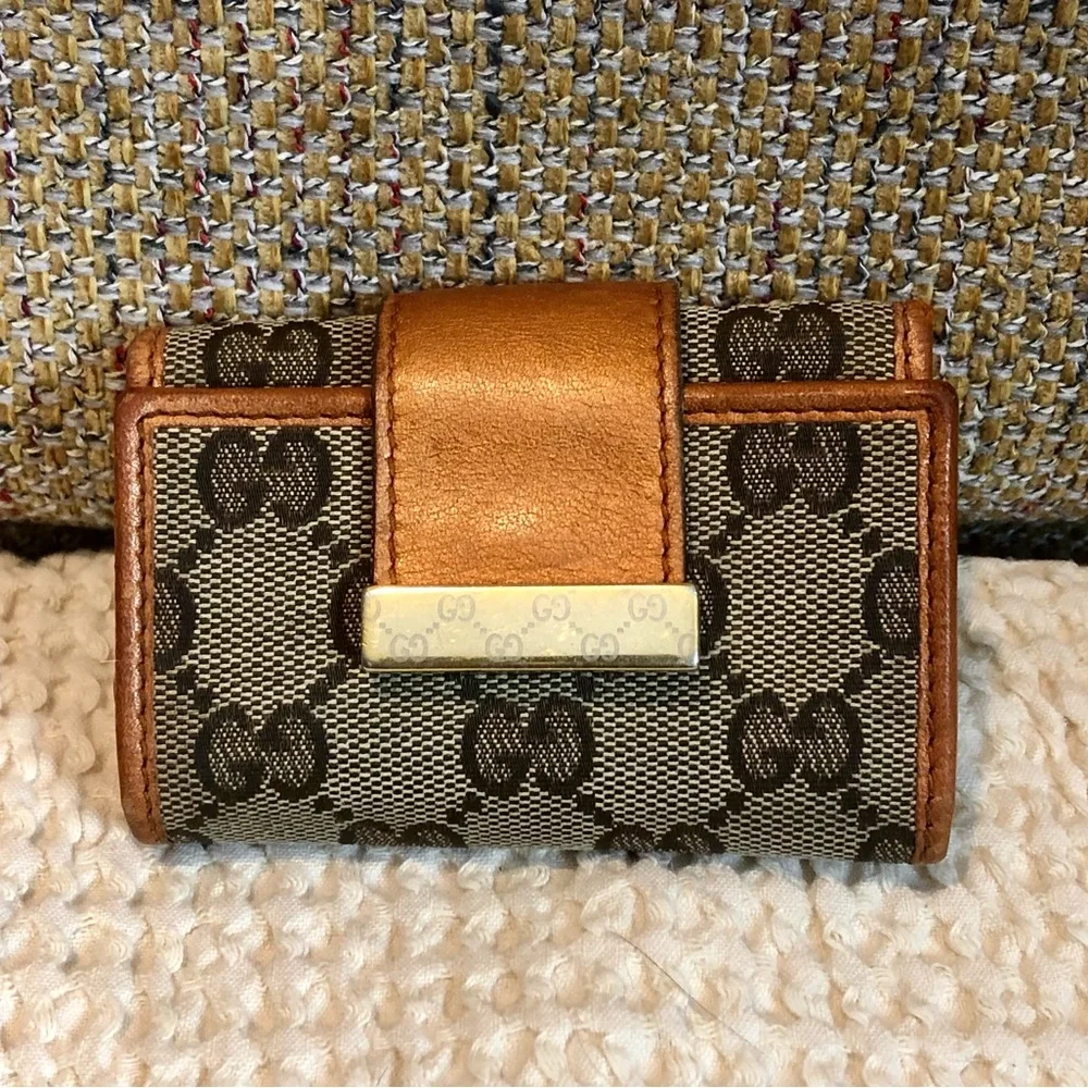 GUCCI GG Monogram Canvas Burned Orange Leather Trifold Key Holder Card Holder